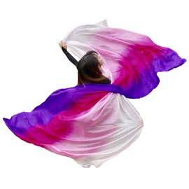 Winged Sirenny 3yds x 54" Large Belly Dance Silk Veil, Real Sheer Silk Luxury Bellydance Scarf with Hand Rolled Edges, white-pink-purple