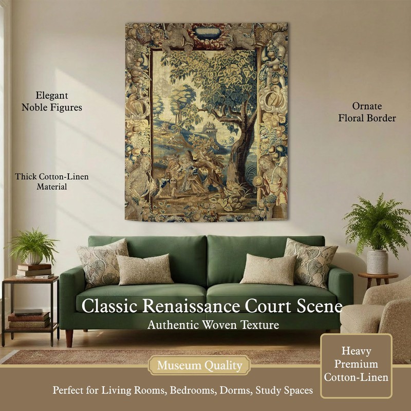 Antique French Tapestry, Renaissance Court Wall Decor 39x56in