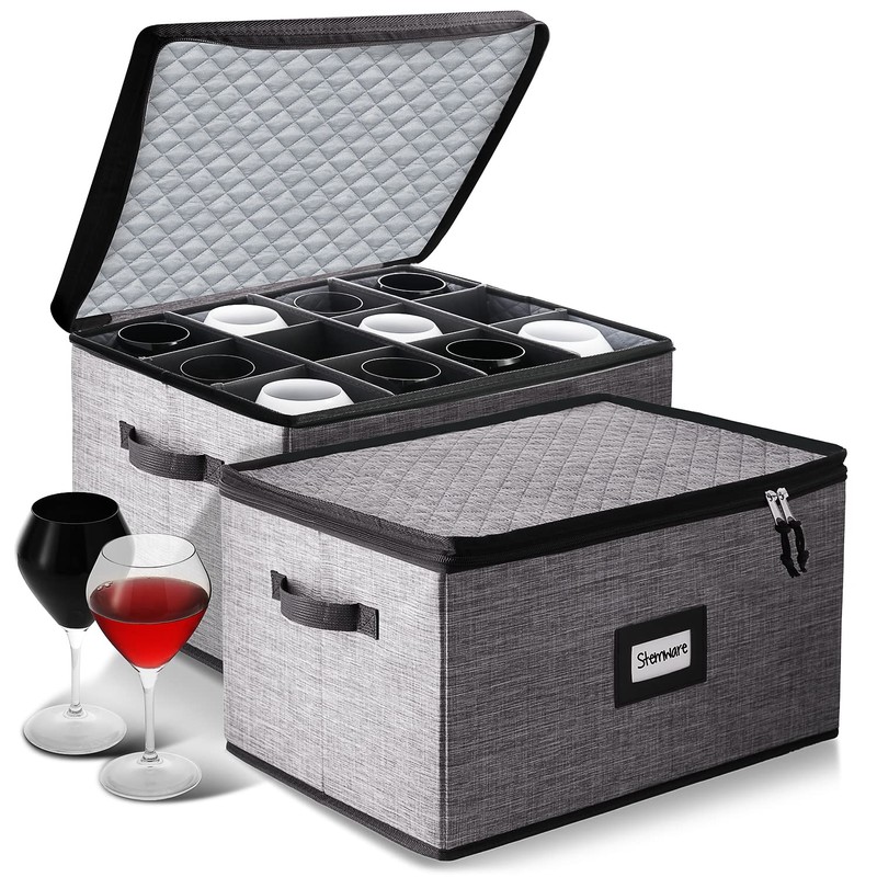 Wine Glass Storage Box with Dividers, 2 Pack Stackable Stemware