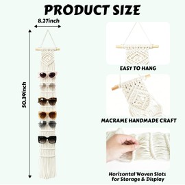 Macrame Sunglasses Holder, Boho Wall Hanging Minimalist Eyewear Organizer, Natural Color Vertical Woven Glasses Storage Rack with 12 Layer Design, for Bedroom Living Room Home Office Decor