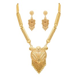 I Jewels Gold Plated Traditional Long Necklace with Flower Design Earrings Jewellery Set for Women (MS149FL), Free Size, No Gemstone