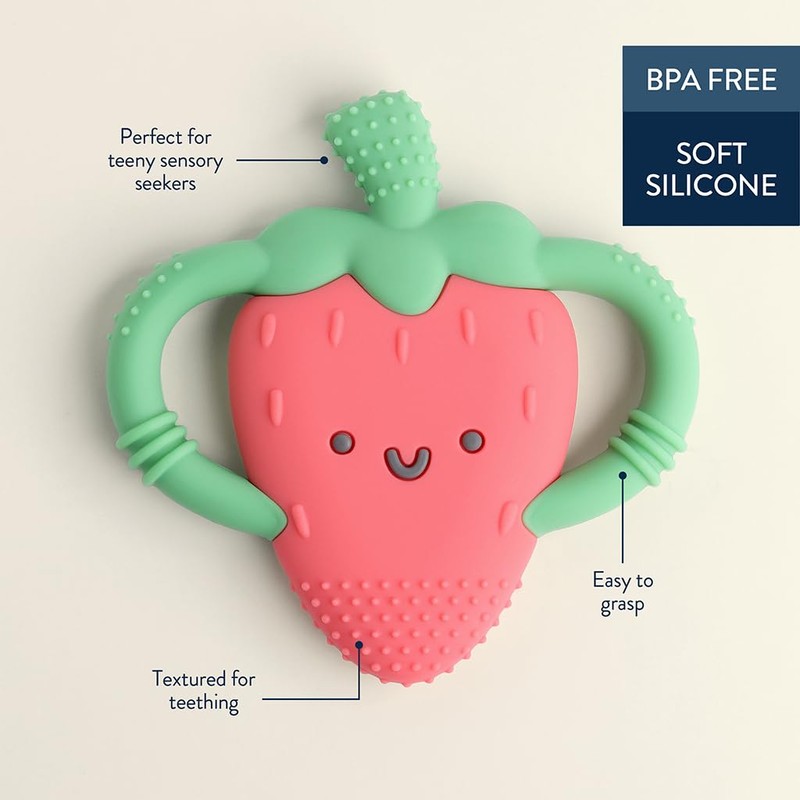 Itzy Ritzy Strawberry-Shaped Baby Teether with Handles; Silicone Teether for