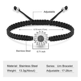 shajwo Sunflower Cremation Urn Bracelet for Ashes for Women Girls Adjustable Cremation Jewelry Braided Rope Memorial Bracelet,Silver