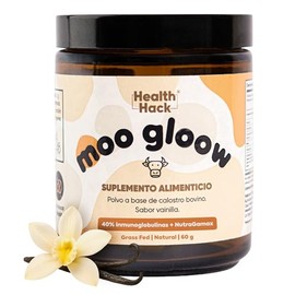 Moo Glow Calostro Bovino en Polvo 60g | 40% Proteínas Bioactivas + NutraGamax | Grass-Fed | Apoyo Nutricional Diario para Bienestar General, Rutina Activa y Equilibrio Interno | Vainilla | Health Hack