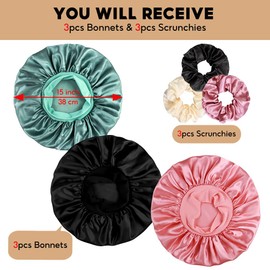 3+3 Large Satin Bonnets with Scrunchies for Women, Wide Band Hair Bonnet for Sleeping Braids Curly Hair, A