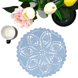 BIBITIME 11 to 12 inches Lace Placemats Table Doilies Round Handmade Crochet Doily Kitchen Cup Mug Mats Coasters (Light Blue,1PC)
