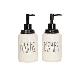 Cam n Honey Modern Farmhouse Style Ceramic Dishes and Hands Liquid Soap Dispenser Set – Perfect for Kitchen Counter Décor (14oz, White Bottles and New Stainless Steel Black Pump and Lettering)