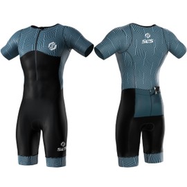 SLS3 Men's Triathlon Suit - Trisuit One-Piece - Triathlon Suit - Triathlon One Piece - Aerodynamic Short Sleeve Trisuit, (Sky Hex, M)