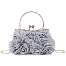 EVEOUT Elegant Satin Flower Evening Handbag with Chain for Women Wedding Bag Bridal Clutch Handbag Purses, silver grey, Elegant