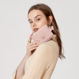 YAMEIZE Cute Purse Women Ladies Small Wallet Tri-fold with Butterfly Pendant Slim PU Leather Card Holder Coin Purses Pink for Girls