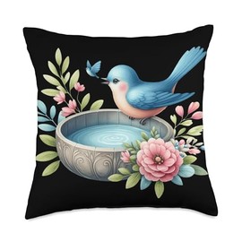 Bird Bath Water Fountain Spring Floral Blue Bird Throw Pillow