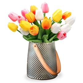 20pcs Real Touch Tulips PU Artificial Flowers, Fake Tulips Flowers for Arrangement Wedding Party Easter Spring Home Dining Room Office Decoration. (Multicolor, 14" Tall)