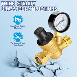 Telsitine RV Water Pressure Regulator, Brass Lead-Free Adjustable Water Pressure Reducing Valve with Clear Gauge, RV Water Regulator with Two Inlet Screen Filters for RV, Camper, Travel Trailer