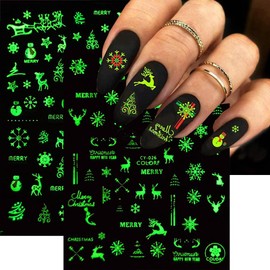 Christmas Nail Art Sticker Decals Glow in The Dark Nail Stickers 7PCS 3D Self-Adhesive Christmas Nail Designs Manicure Nail Art Supplies Slider Sticker for Women Xmas New Year Nail Art Decorations