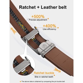JUKMO Men's Leather Belt Ratchet Automatic Buckle 35 mm Wide Belt, Octagon - Brown