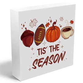 Tis' the Season Pumpkin Decorative Wooden Box Signs, Rustic Rugby Maple Leaves Decor for Home Farmhouse Desk Shelf, Autumn Harvest Thanksgiving Wood Box Sign, Fall Gifts for Women, 5.1x5.1Inch