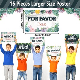 gisgfim 16 Pcs Spanish Words and Phrases Poster Set Spanish Phrases Bulletin Board Study Spanish Classroom Decoration for Teachers Preschool School Classroom Language Educational Decor(Cactus)