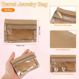 sourcing map 12Pcs Travel Jewelry Bag Bulk, Portable Jewelry Pouch with Zipper Clear Velvet Jewelry Storage Bag for Jewelry Organizers Storage Women Gift, Brown