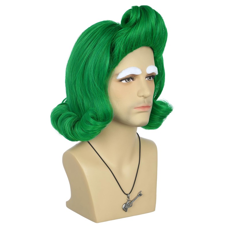 VGbeaty Men Short Wavy Green Wig With White Eyebow