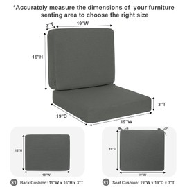 Favoyard Outdoor Deep Seat Cushion Set, 19 x 19 Inch Rainproof & 3-Year Fade Resistant Patio Furniture Cushions, Removable Seat Bottom & Back Cushion covers with Ties for Chair, Sofa, Couch, Dark Gray