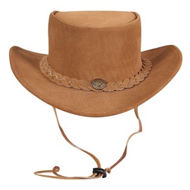 URBAN 5884 Cowboy Hat Genuine Leather Suede Western Hat Made of Cowhide Leather with Adjustable Brim and Chin Strap, tan, L