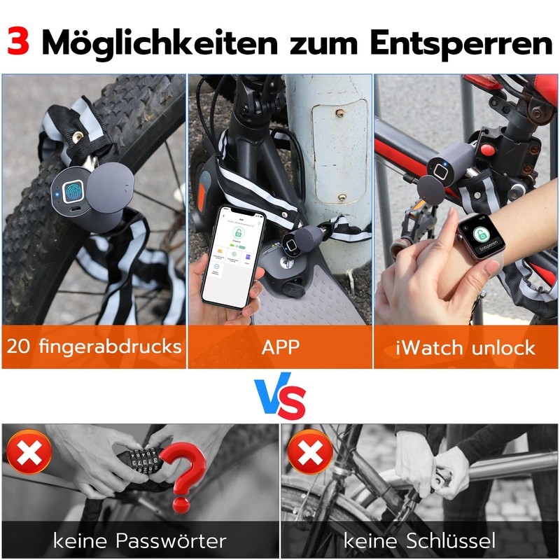 Eseesmart Fingerprint Chain Lock Bicycle Lock Fingerprint with Fingerprint Phone