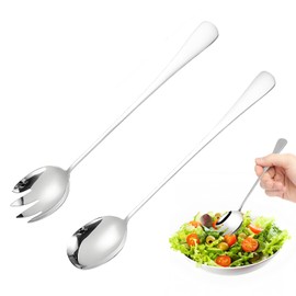 afhgdjr 2 Stück Salatbesteck,Salatbesteck Edelstahl,Göffel,Schöpflöffel,Suppenkelle Edelstahl,28 x 5,6 cm lang,Geeignet für Küche und Esszimmer