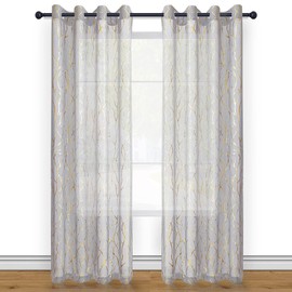 Kotile Tree Branch Sheer Curtains - Metallic Gold Foil Tree Branch Print Grey Sheer Curtains 63 Inch Length for Bedroom, Grommet Top Light Filtering Voile Drapes, 52 x 63 Inch, 2 Panels, Grey Gold
