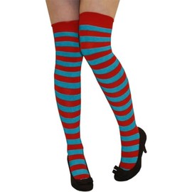 LABASA® New Ladies Girls Over The Knee Socks Long Casual Christmas Parties Valentine's Stripe Stripy Striped Cotton Socks Assorted Colours UK Size 4-6 (Turquoise With Red Striped)