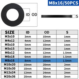 TXXATX M8 x 16 mm Plastic Washers Pack of 50 Nylon Washers Black Sealing Washers Plastic Washers Nylon Washers for Bearing Seats Gear Furniture Connectors Sports Equipment