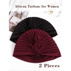 Woeoe Pre-Tied African Turbans Claret Stretchy Twisted Head Wraps Church Party Hair Wrap for Women(Pack of 2)