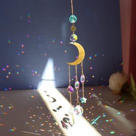 7Pcs Colorful Crystals Suncatchers, Hanging Sun Catchers with Chain Pendant, Crystal Sun Moon Star Rainbow Balls Prisms Ornament for Window Garden Christmas Party Wedding Decoration