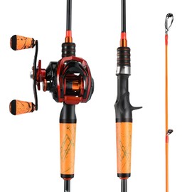 One Bass Fishing Rod and Reel Combo, Medium Fast Baitcasting Combo, 24-Ton Carbon Fiber 2 Pieces Fishing Poles with Baitcasting Reel Super Polymer Handle-Orange- 1.98M -Left Handed