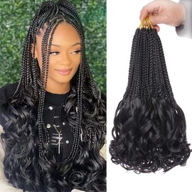 14 Inch French Curl Crochet Braids 8 Packs Bohemian Goddess Box Braids Crochet Hair Pre Looped French Curly Braiding Hair With Curly Wavy Ends Synthetic Hair Extensions for Women (Black)