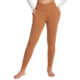baleaf Women's Thermal Leggings for Women Criss Cross Fleece Lined Pants with Pockets for Yoga Thick Cold Weather Winter Tummy Control High Waisted Caramel L
