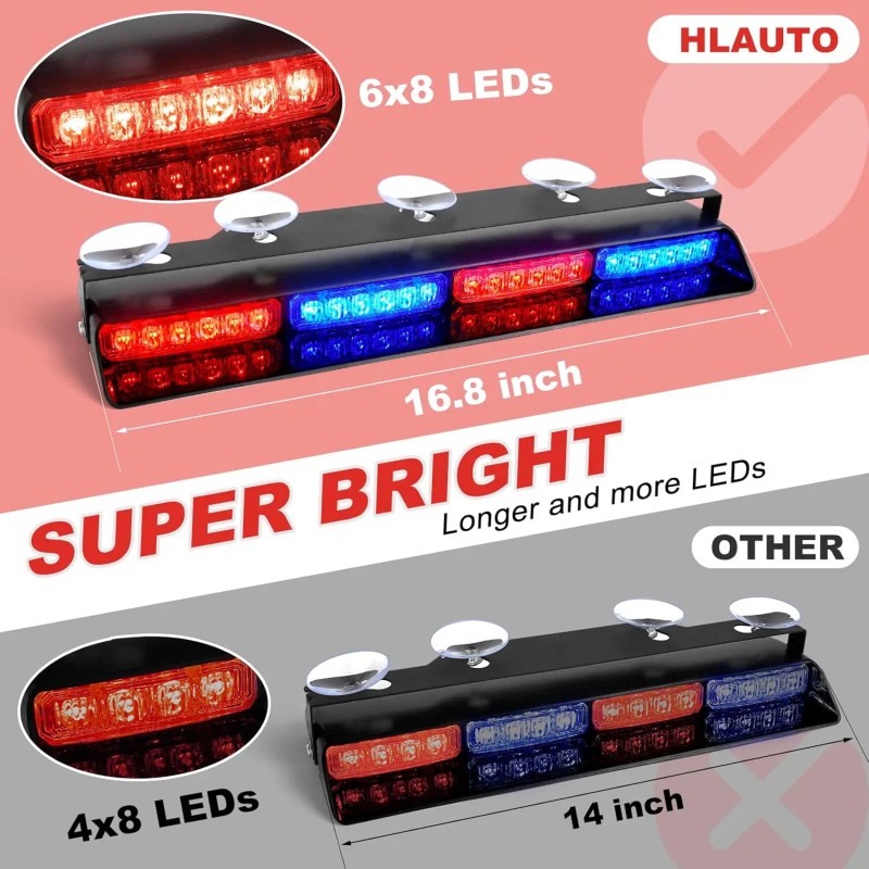 Emergency Dash Strobe Lights 2x16.8 Inch Red Blue 48W 48
