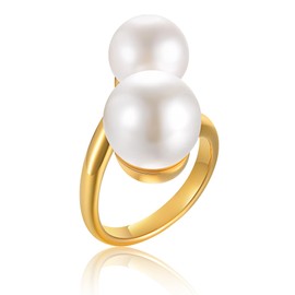 White Big Pearl Ring for Women, Fashion Dainty Adjustable Gold Plated Stainless Steel Open Rings Statement Promise Wedding Band Thumb Ring Jewelry Gift for Girlfriend Wife, Size 8