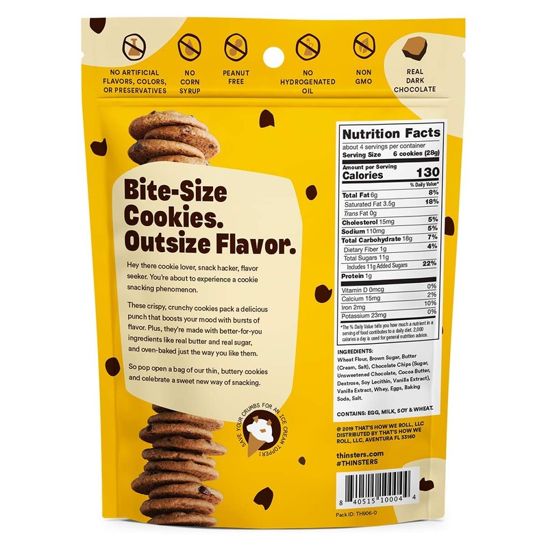 Thinsters Cookie Thins Chocolate Chip, Non GMO, Peanut Free, 4