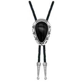 YOQUCOL Droplet Shape Black Stone Bronze Bolo Tie Native Western Cowboy Bola Tie Genunie Leather Necktie for Men Women