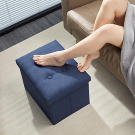 AmasSmile Storage Ottoman Folding Foot Rest Stool, 17 inch Linen Footstool Bench, Short Ottoman Bench, Storage Foot Rest Store, Books, Light Blue