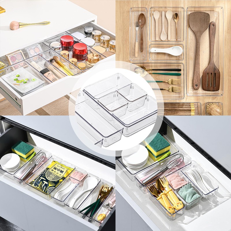 YHSKJCD 8 Pcs Clear Plastic Drawer Organiser Trays Desk Versatile