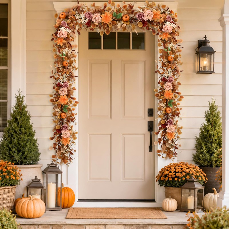 6FT Fall Garland for Mantle, Pumpkin Dahlia Garland Fall Decor