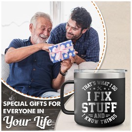 Pandzee Engraved 14oz Coffee Tumbler Funny Gifts For Men - Fathers Day & Birthday Gifts For Dad, Papa, Grandpa, Mechanic Father - Gifts For Coworker, Boss - That's What I Do I Fix Stuff - Boss Gifts