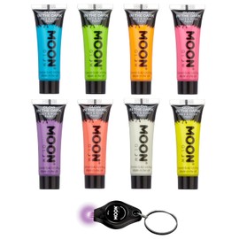 Moon Glow 12ml Glow in the Dark Face & Body Paint - Set of 8 – Phosphorescent - Charge to Glow - UV Keyring included