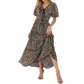 PRETTYGARDEN Summer Dresses for Women 2025 V Neck Puff Short Sleeve A-Line Floral Flowy Long Maxi Boho Tiered Beach Dresses(Black Brown Leopard,XX-Large)