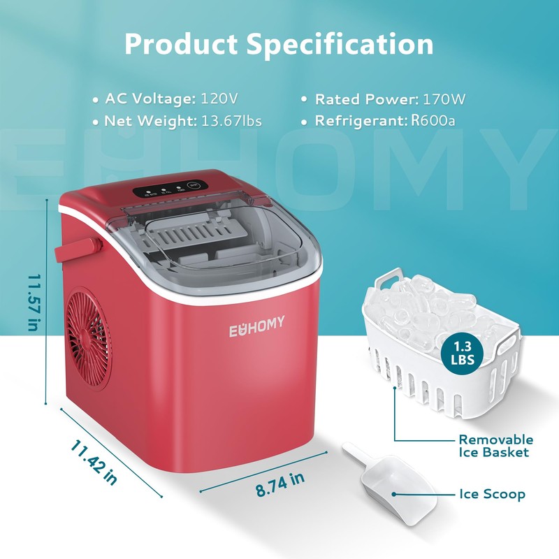 EUHOMY Countertop Ice Maker Machine with Handle, 26lbs Per Day,