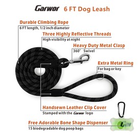 Garwor 6 FT Heavy Duty Rope Dog Leash with Strong Stitches Genuine Leather Tailored Connection, Reflective Dog Leash with Sturdy Metal Clasp for Medium Large Dogs(Black)