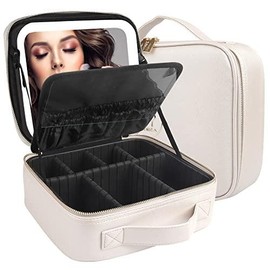 Travel Makeup Bag with LED Lighted Mirror, Travel Makeup Organizer, Makeup Case with 3 Color Lighted Setting and 10x Magnifying Mirror, Portable Storage and Adjustable Dividers Makeup Box(Pink) - Color: BLACK