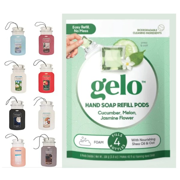 Gelo Refill Plant Based Essential Oil Hand Liquid Soap (10 oz.) Choose From: Bottle, Refill Pods or Both (Cucumber, Melon & Jasmine Flower, Pods Only) + 1 Complimentary Assorted Car Jar