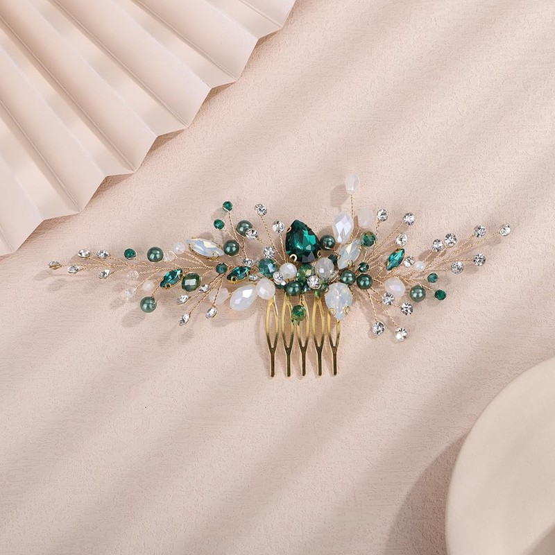 Teyglen Green Crystal Wedding Hair Comb Bridal Headpiece Gold Green